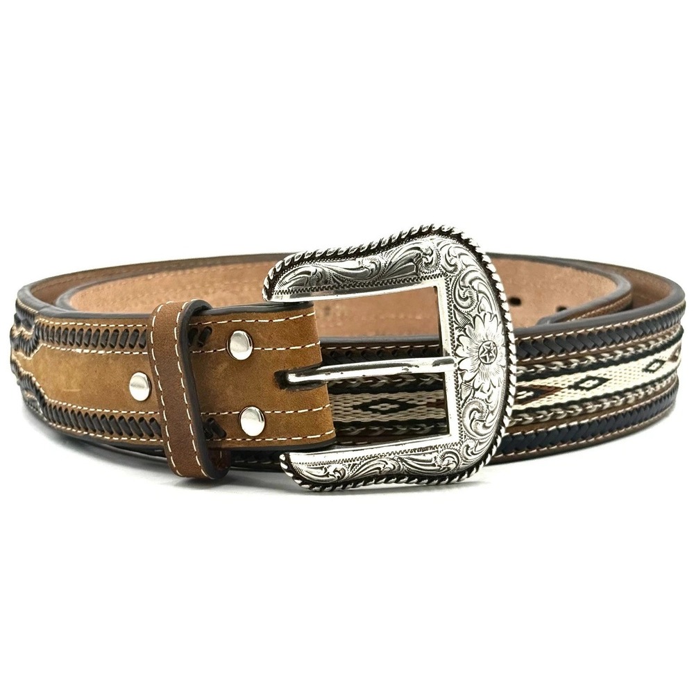 Nocona Western Leather Belt Sz 42 Brown Braided Inlay Cowboy Rodeo Silver Buckle